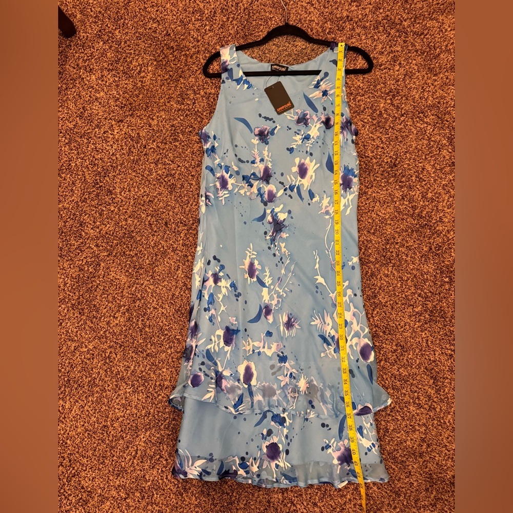 2Piece Set Blue Silk Floral Dress Sheer Overlay Sz Large NWT layered hem - Picture 10 of 16